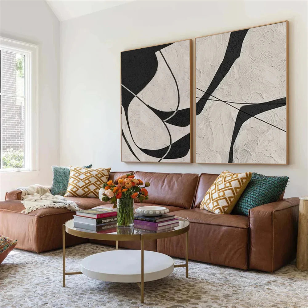 Beige & Black Abstract Textured Painting Set of 2 #WS325 - Image 2